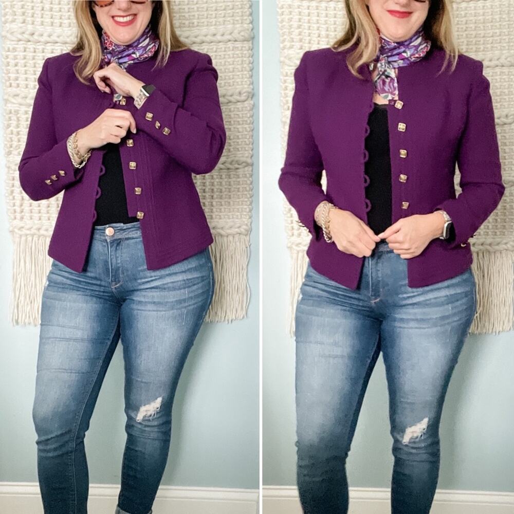 Herbert Grossman vintage 100% Wool Purple Collarless Blazer Jacket size 10P MP - Picture 2 of 8